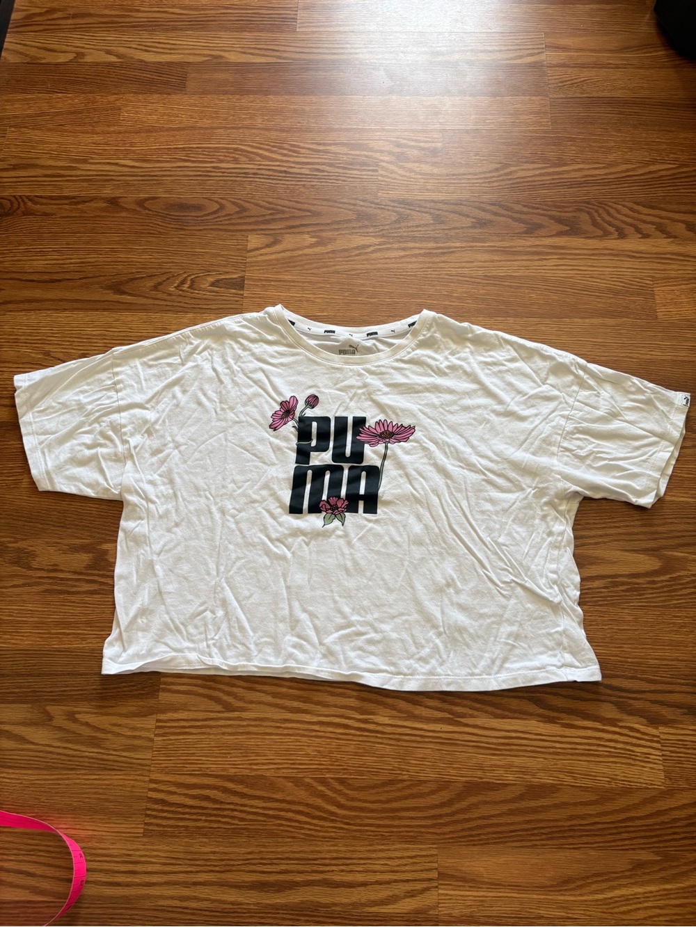 Puma White Tee with Black Logo and Pink Floral Accents